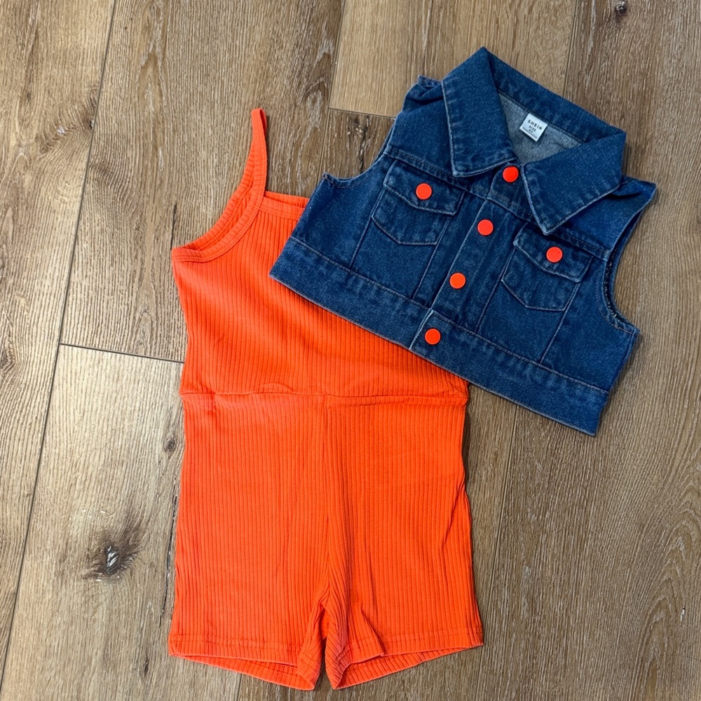 SHEIN Vibrant Orange Romper with Denim Vest